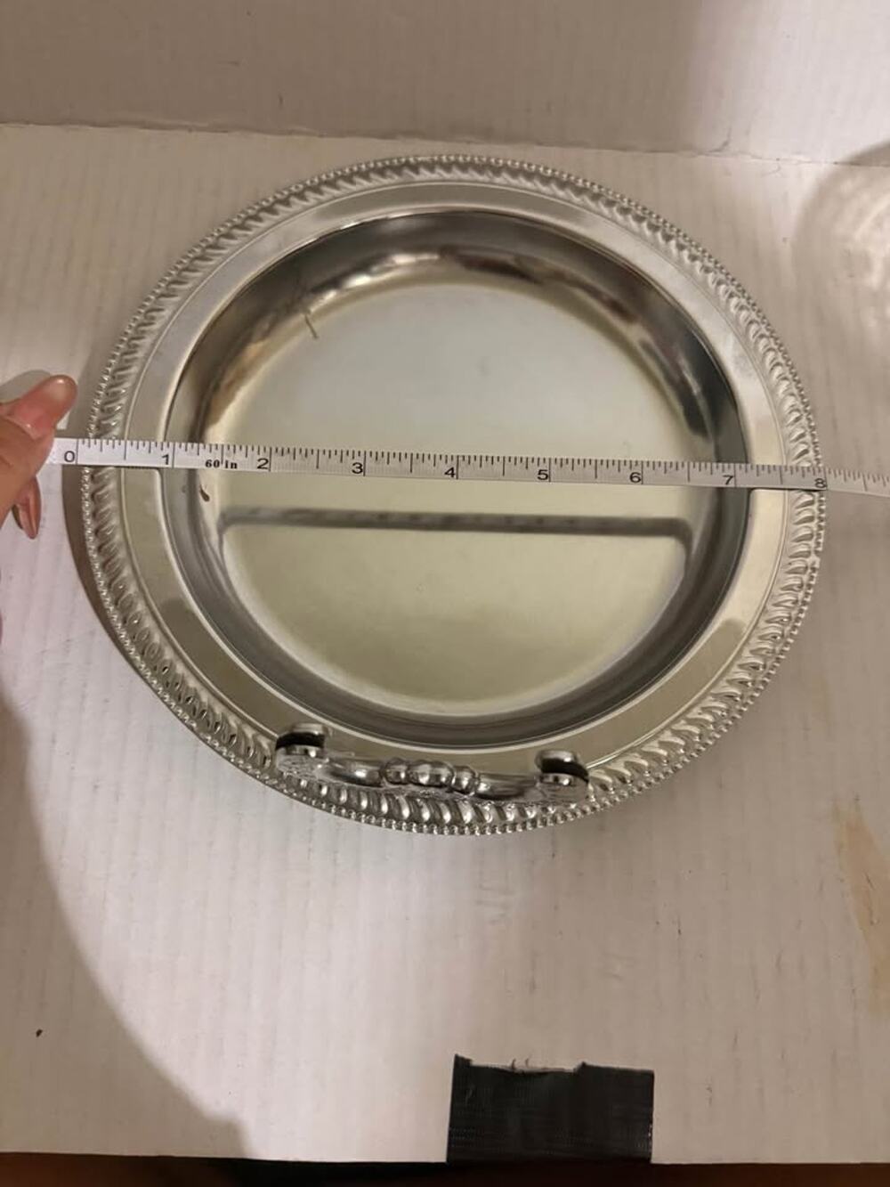 Vintage Silver-Toned Round Serving Tray with Ornate Handle